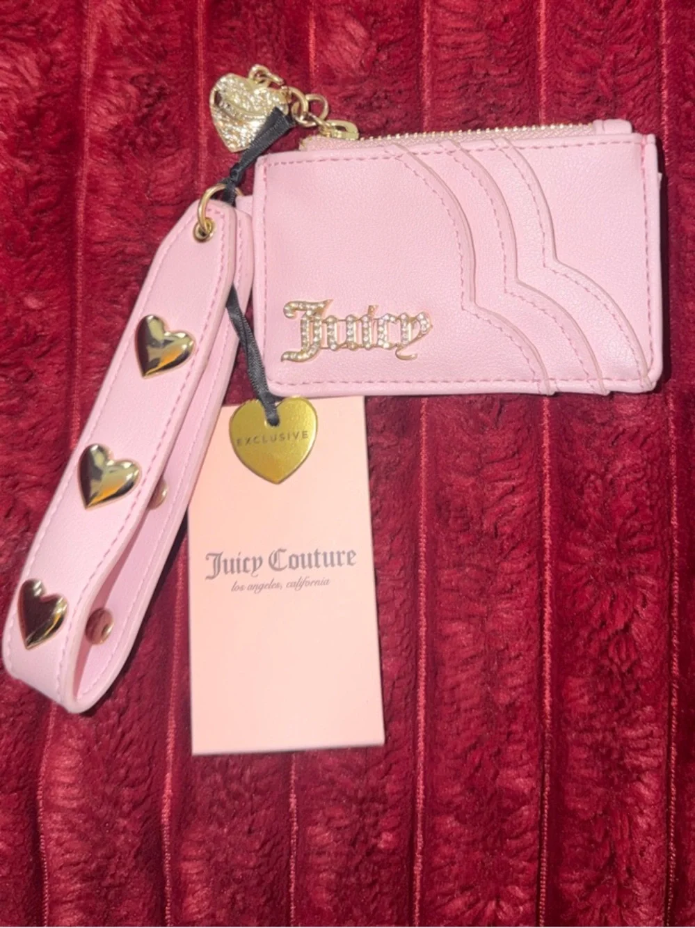 Juicy Couture Pink Card Holder Wristlet with Heart Studs